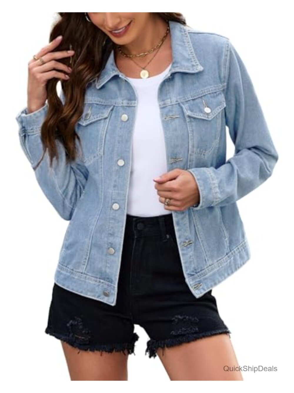 Women's Cropped Fitted Button Down Denim Jacket Long Sleeve Stretch Jean Coat
